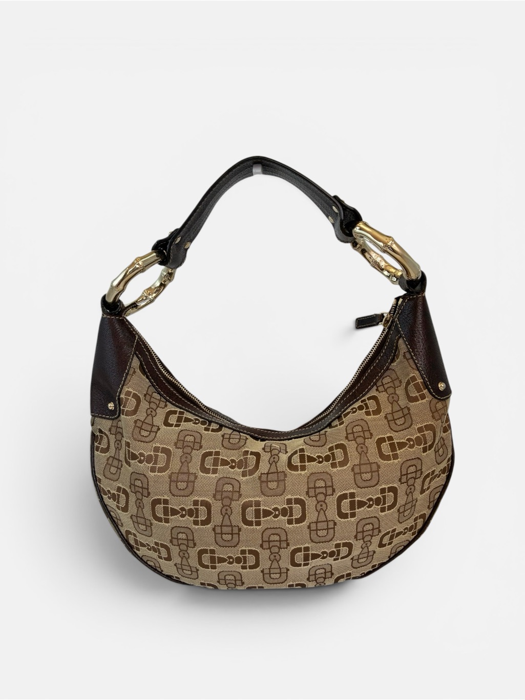 Gucci Bamboo Horsebit Canvas Leather Hobo Shoulder Bag
